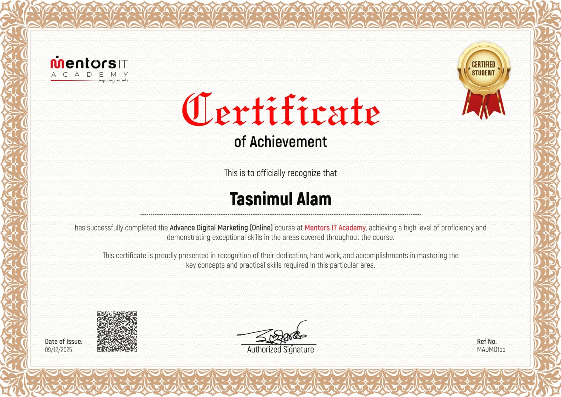Certificate of Achievement in Advance Digital Marketing